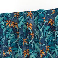 ★ SPOOKY JUNGLE ★ Spiders and Spiderwebs + Monstera, Banana Leaves and Tropical flowers / Blue + Orange - Small Scale / Collection : Welcome to the Jungle – Wild Tropical Prints