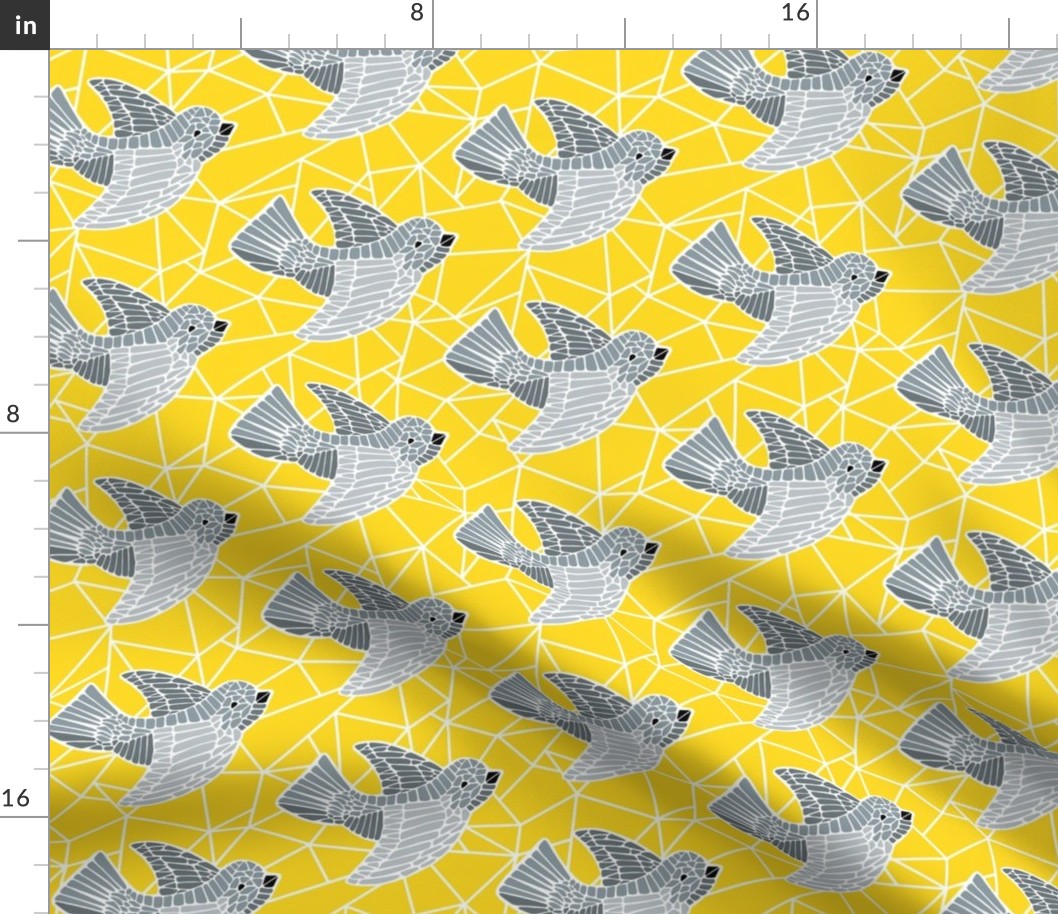gray mosaic birds on yellow background