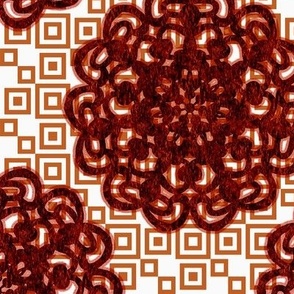 CCFN4 - Autumn Stylized Floral Mandala on Hollow Nesting Checks - Rusty Red and  White - 10.5 inch fabric repeat - 6 inch wallpaper repeat