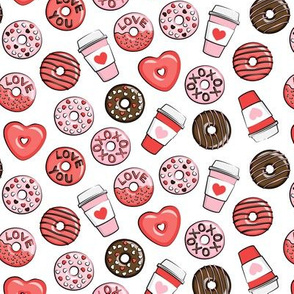 (small scale) donuts and coffee - valentines day - red, pink, & chocolate on white C21