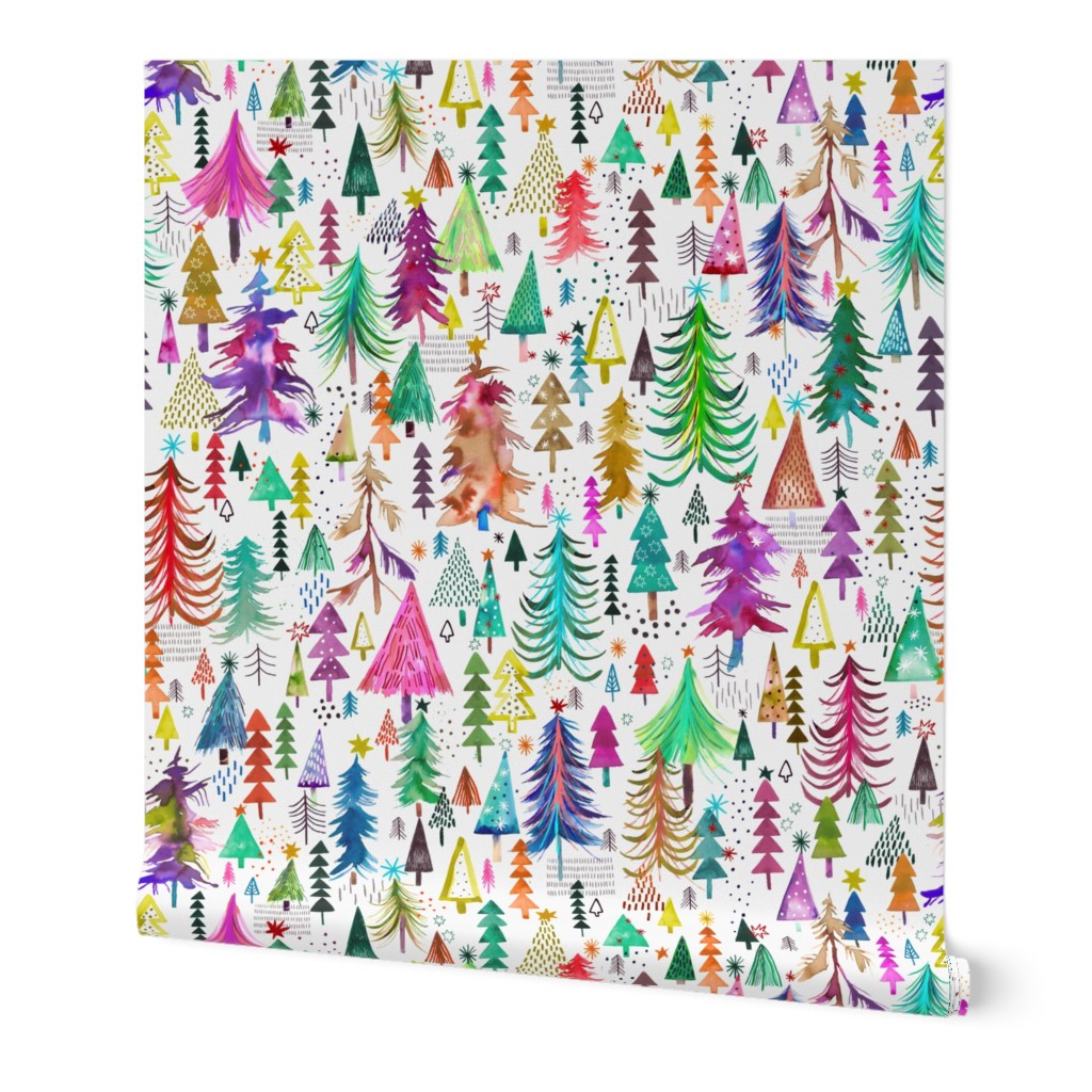 Colorful christmas Trees Merry and Bright Holiday Fabric Medium
