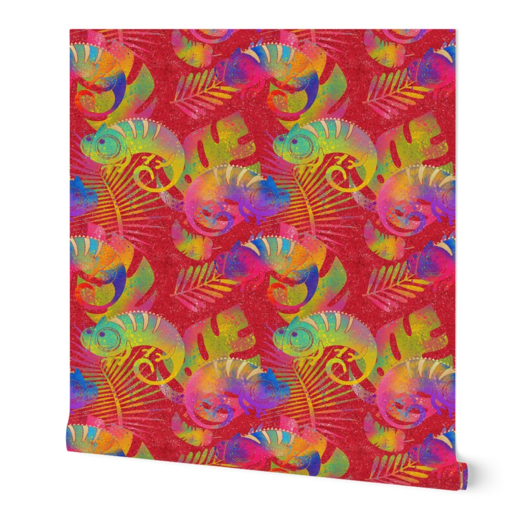 Large Funny multicolor rainbow Chameleon on red FLWRHT