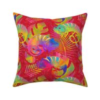 Large Funny multicolor rainbow Chameleon on red FLWRHT