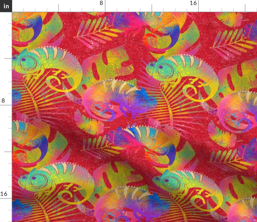 Large Funny multicolor rainbow Chameleon on red FLWRHT