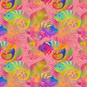 Large Funny multicolor rainbow Chameleon on coral pink FLWRHT