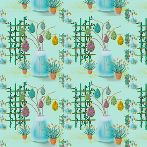 Spring Eggs in vase with trellis with mint green background