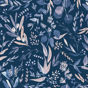 Eucalyptus Leaves Botanical Pattern - dark blue inverted