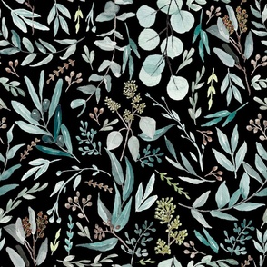 Black Eucalyptus Leaves Botanical Pattern