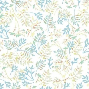 376 - Small scale Dreamy leaves turquoise and orange small scale watercolour leaves and foliage  – perfect for apparel for adults and kids alike, summer dresses, autumn skivvies, turtle nicks, home decor, feminine bedlinen, striking decor.