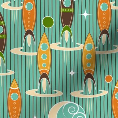 Retro Spaceships Beach Bound | Mid Mod | Atomic | Turquoise Orange | Medium