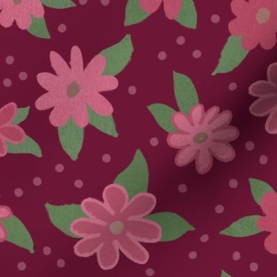 537 - Large scale Bold naive floral in burgundy, pink and olive green with polka dots - for kids apparel, wallpaper and home decor