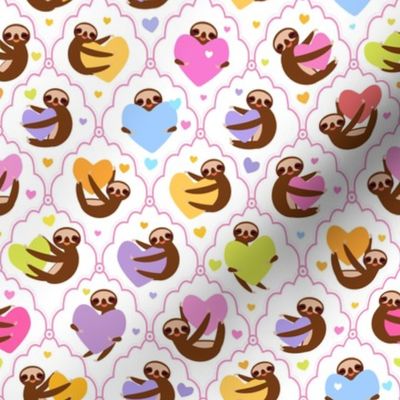 Cute kawaii Three-toed sloths and  hearts, on white background