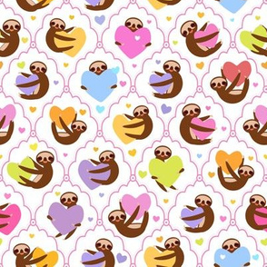 Cute kawaii Three-toed sloths and  hearts, on white background
