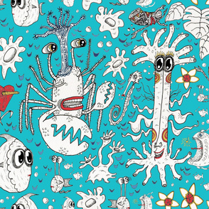 whimsical hidden Hawaiian sea creatures, jumbo large scale, aqua blue turquoise red yellow black white peacock