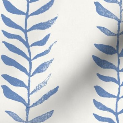 Botanical Block Print, Indigo Blue on Cream (xxl scale) | Leaf pattern fabric from original block print, natural decor, plant fabric, azure blue, off white and blue.
