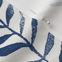 Botanical Block Print, Atlantic Blue on Cream (xxl scale) | Leaf pattern wallpaper and fabric from original block print, natural, coastal decor, plant print, dark blue, navy blue and cream.
