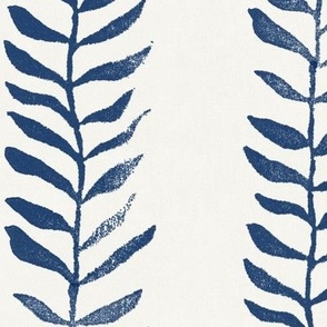 Botanical Block Print, Atlantic Blue on Cream (xxl scale) | Leaf pattern wallpaper and fabric from original block print, natural, coastal decor, plant print, dark blue, navy blue and cream.