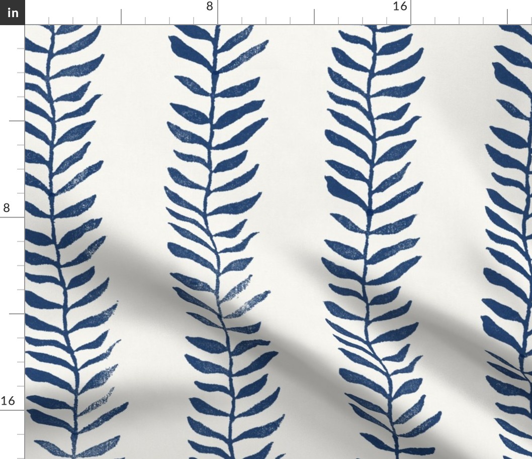 Botanical Block Print, Atlantic Blue on Cream (xxl scale) | Leaf pattern wallpaper and fabric from original block print, natural, coastal decor, plant print, dark blue, navy blue and cream.