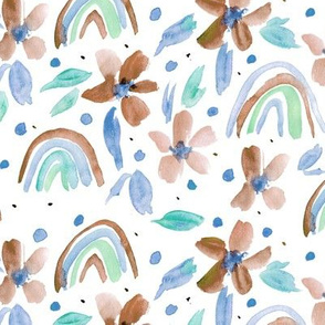 Earthy, blue, emerald rainbows and flowers watercolor sweet design for modern nursery kids baby a044