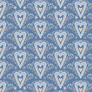 S  - hearts with ornaments on blue - Nr.4. Coordinate for Peaceful Forest - 3.5" fabric / 2" wallpaper.