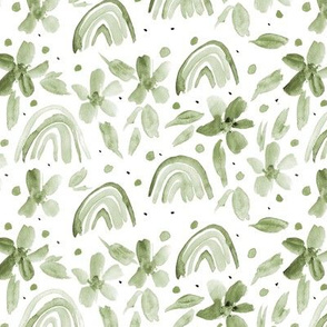 Olive green rainbows and flowers watercolor sweet design for modern nursery kids baby a044