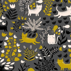 Cats in the Garden - Light Grey and Yellow