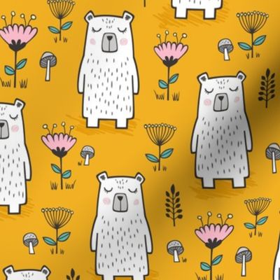 Bear with Flowers Woodland on Mustard Yellow