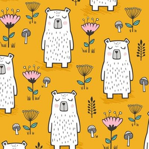 Bear with Flowers Woodland on Mustard Yellow