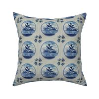 Classic Delft Blue Ceramic Tile Inspired Pattern - Flapping Duck motif