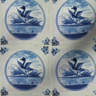 Classic Delft Blue Ceramic Tile Inspired Pattern - Flapping Duck motif