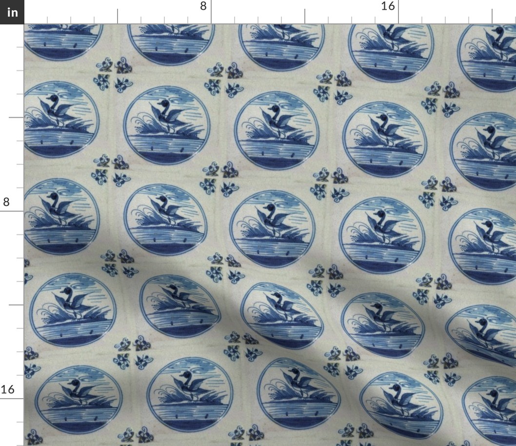 Classic Delft Blue Ceramic Tile Inspired Pattern - Flapping Duck motif