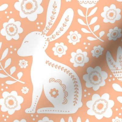 Large Scale Easter Folk Flowers and Bunny Rabbits Spring Scandi Floral in Peach Fuzz Pantone Color of The Year 2024