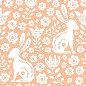 Large Scale Easter Folk Flowers and Bunny Rabbits Spring Scandi Floral in Peach Fuzz Pantone Color of The Year 2024