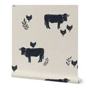 Cow and Chicken Besties - textured farm animals - navy and tan - medium scale