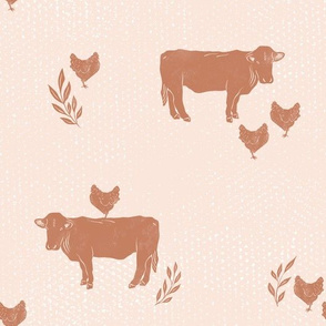 Cow and Chicken Besties - textured farm animals - pink - medium scale