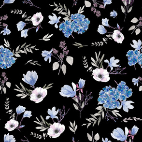 blue florals black background