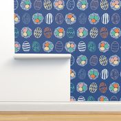 colorful easter eggs with nests classic blue seamless pattern