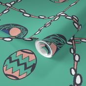 easter eggs with nest and willow branches green seamless pattern