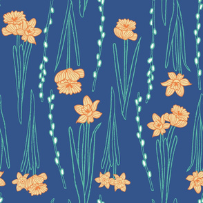 (large scale) yellow daffodils and willow branches easter blue spring seamless pattern