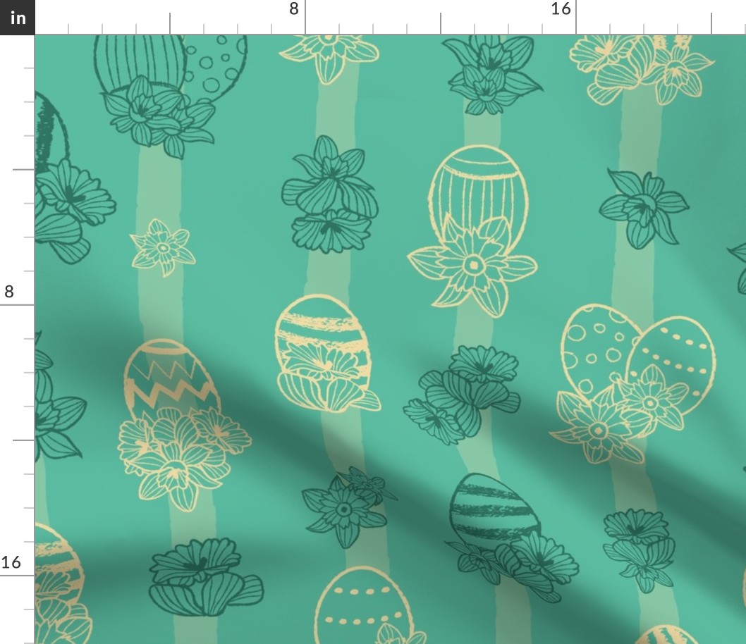 easter yellow eggs with daffodils flowers pastel green seamless pattern