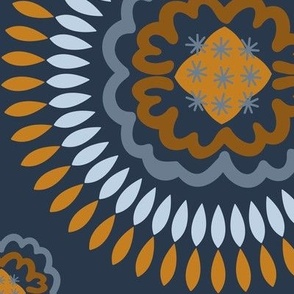 360 $ - Jumbo scale Mandala in toffee caramel, navy blue, steel grey and golden yellow mustard for wallpaper, bed linen, duvet covers and home decor