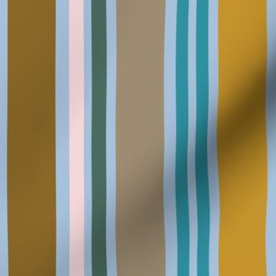 Jumbo scale Cool stripes in mustard, turquoise, baby pink and soft greys and browns:  for wallpaper and home decor, bed linen, soft furnishings