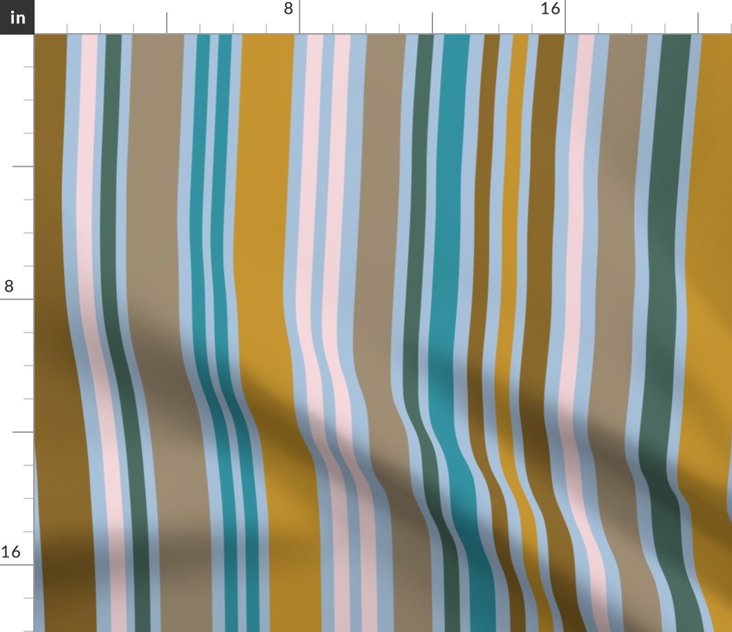 Jumbo scale Cool stripes in mustard, turquoise, baby pink and soft greys and browns:  for wallpaper and home decor, bed linen, soft furnishings