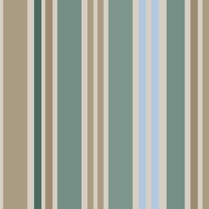 $ Medium scale Cool sage green, forest green, sky blue and soft taupe stripes: for home decor and accessories and apparel.