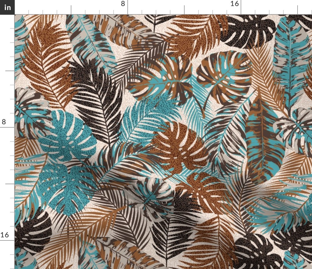 Moody Tropical Leaves brown, cream, teal