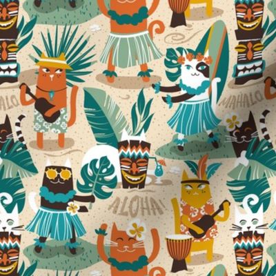 Small scale // Secret Hawaiian beach party  // ivory sand background greige shadows gold drop orange goldenrod yellow dark oak brown and white cats jade and pine green tropical vegetation peacock blue summery details