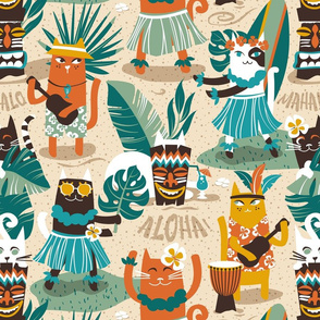 Normal scale // Secret Hawaiian beach party // ivory sand background greige shadows gold drop orange goldenrod yellow dark oak brown and white cats jade and pine green tropical vegetation peacock blue summery details