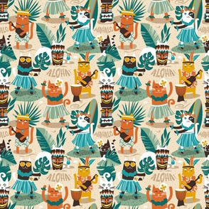 Tiny scale // Secret Hawaiian beach party // ivory sand background greige shadows gold drop orange goldenrod yellow dark oak brown and white cats jade and pine green tropical vegetation peacock blue summery details
