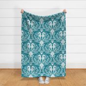 Seahorse Damask White and Teal