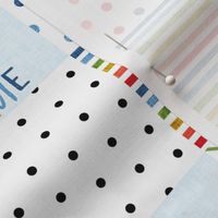 SMALL 3" squares rainbow baby cheater quilt - baby quilt, rainbows - baby blue